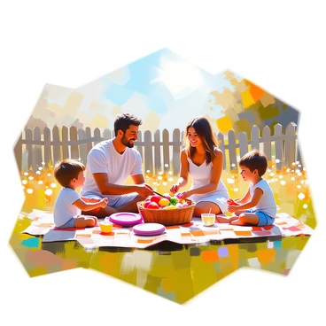 A family of four is enjoying a picnic on a checkered blanket spread out on the grass in a sunny meadow. The parents, a man with dark hair wearing a short-sleeved shirt and a woman with light hair in a sundress, are smiling as they serve food from a wicker basket. Two children, a boy with curly hair and a girl with braids, are playing nearby with a frisbee. In the background, there is a rustic wooden fence that complements the natural setting, and wildflowers are dotting the meadow. The sun is shining brightly, creating a warm and inviting atmosphere.