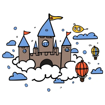A group of grand castles with tall, pointed towers and large, arched windows floating among fluffy white clouds. The castles are adorned with banners fluttering in the wind, displaying various colorful emblems. Nearby, several intricate airships with large balloons and wooden hulls are soaring through the sky, casting gentle shadows on the clouds below. The scene is filled with a sense of adventure and wonder, with bright blue skies and sunlight illuminating the castles and airships.