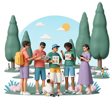 A group of five fans gathered in a vibrant park, surrounded by tall green trees and blooming flowers. Each fan is holding a sketchbook or a tablet displaying their favorite artworks. One fan, with short black hair and glasses, enthusiastically points to an illustration on their tablet while another fan, wearing a blue hat and a red t-shirt, nods in agreement. A third fan, with curly hair and a yellow backpack, is showing a colorful sketchbook filled with drawings. Nearby, a fourth fan, wearing a green hoodie and denim shorts, is animatedly discussing an artist's style, while the fifth fan, dressed in a purple dress, takes notes in a small notebook. The sun is shining brightly, and there are other people enjoying the park in the background, adding to the lively atmosphere.
