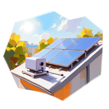 A solar panel system installed on a sloped rooftop, featuring several rectangular solar panels oriented towards the sun. Each panel is shiny and reflects sunlight. Nearby, a small heat exchanger is mounted on the roof, connected to the solar panels with insulated pipes. The heat exchanger is compact and cylindrical in shape, showcasing its modern design. The setting includes a clear blue sky and distant buildings in the background. The rooftop is surrounded by a few green trees, providing a lively contrast to the technological components.