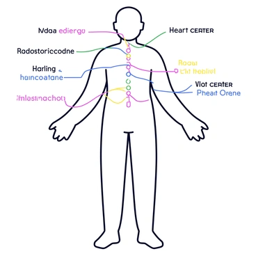 A diagram illustrating the flow of energy through the body during "qi gong". The diagram features a simplified outline of a human figure in a standing position. Energy pathways are indicated by flowing lines in various colors that trace along the body's meridians. Key points are marked with small circles, highlighting areas where energy is concentrated. The background is a soft gradient to emphasize the diagram elements, and labels are included to identify different energy centers such as "hara" and "heart center".