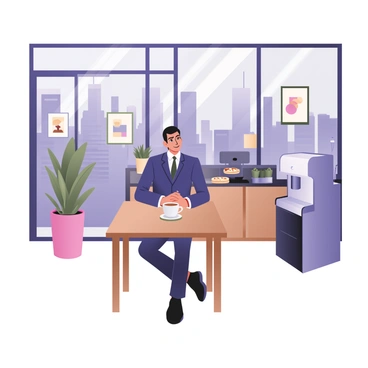 An executive sitting at a modern wooden table in a stylish break room. The executive has short dark hair, wearing a tailored navy suit and a white shirt. In front of them is a steaming cup of coffee placed on a saucer. The break room features large glass windows that provide panoramic views of a bustling city skyline filled with tall buildings and a clear blue sky. There are green indoor plants in vibrant pots around the room, and contemporary art pieces hanging on the walls. A sleek coffee machine is visible in the background, along with a small selection of pastries on a counter.