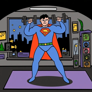 A superhero with a muscular build and a bright blue costume is performing hammer curl exercises in a secret lair. The superhero has a confident expression and short black hair, and is using a pair of heavy dumbbells. The lair is dimly lit, featuring high-tech equipment and various superhero gadgets in the background. There are posters of city skylines on the walls, and a large window showing a nighttime view of the city. The superhero's biceps are flexed as he lifts the dumbbells, showcasing strength and determination.