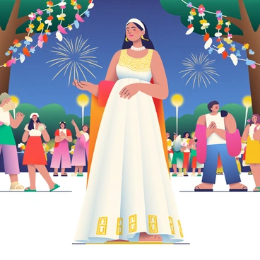 Hera, the Greek goddess, is standing gracefully at a vibrant festival. She is adorned in an elegant flowing gown that features intricate golden embroidery. Around her, colorful Olympian decorations hang from the trees, including garlands of flowers and ribbons in shades of red, blue, and gold. Bright fireworks burst in the night sky, illuminating her figure and the festive atmosphere. In the background, groups of festival-goers are dancing and celebrating, some holding torches that flicker with light. The ground is covered with vibrant banners and lanterns, creating a lively and magical scene.