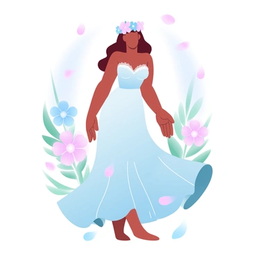 A woman is standing gracefully, adorned with a tiara made of freshly blooming flowers. The tiara features vibrant petals in various colors, arranged elegantly around her head. She is wearing a flowing gown that complements the floral design, adorned with delicate lace and soft fabric that drapes elegantly around her figure. The background is filled with lush greenery, enhancing the beauty of the scene. Surrounding her are scattered petals that match the colors of the tiara. A gentle breeze appears to be moving through the scene, creating a sense of movement in the flowers.
