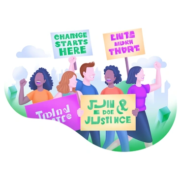 A group of teens participating in a peaceful march, holding colorful banners that display various slogans. The teens are diverse, with different hairstyles and clothing styles that reflect their individuality. The banners feature phrases such as "Change Starts Here" and "Youth for Justice," written in bold, eye-catching letters. Some teens are smiling and chatting, while others are raising their fists in solidarity. The background includes trees and a clear sky, enhancing the atmosphere of positivity and activism.
