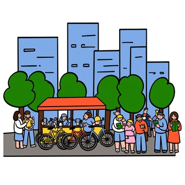 A busy bike rental stand in a modern city filled with tourists. The stand features a variety of colorful bicycles lined up for rental. Groups of tourists, both men and women, are gathered around the stand, pointing at different bikes and discussing their choices. Some tourists are taking selfies in front of the stand, while others are checking their maps. The background includes tall, sleek skyscrapers and trees lining the street, indicating a vibrant urban environment. A bright blue sky overhead adds to the lively atmosphere.