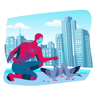 A superhero in a red and blue suit, featuring a web pattern, stands on a rooftop overlooking a bustling cityscape. He is crouched down, extending his hand gently toward a group of gray pigeons that are gathered around him. The pigeons are pecking at some crumbs scattered on the rooftop. The buildings in the background have large windows reflecting the sunlight, and a few clouds are visible in the blue sky above. The scene captures a tender moment of connection between the superhero and the birds.
