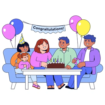 A woman with shoulder-length brown hair is smiling, surrounded by her family in a cozy living room. They are gathered around a rectangular table where a chocolate cake with white frosting is placed. The cake has three colorful candles on top. Around the room, there are colorful balloons in shades of blue, yellow, and pink floating from the ceiling. The family members include a young girl wearing a party hat and a man holding a small gift box. A "Congratulations!" banner is displayed on the wall behind them.