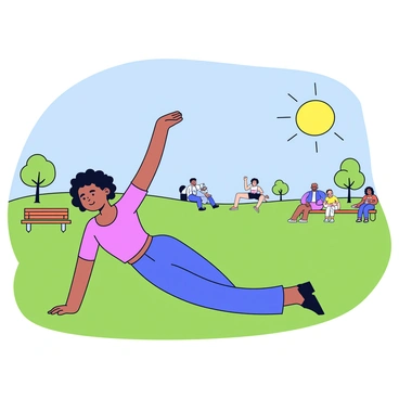 A person is positioned in a side plank on a vibrant green grassy field. The individual is wearing a fitted athletic outfit, with one arm supporting their body while the other arm is raised vertically above. The sun is shining brightly, casting soft shadows on the grass. Nearby, there are a few scattered trees and a clear blue sky. In the background, some park benches and people enjoying leisure activities can be seen.