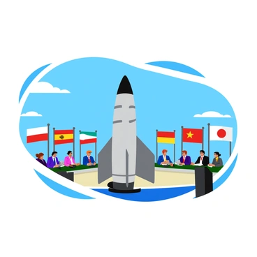 A missile displayed prominently at the center of the image, featuring a sleek metallic design with intricate detailing. Surrounding the missile are various national flags, each fluttering in the breeze. The flags are vibrant, showcasing a mix of colors and patterns, representing different countries. The background features an open-air setting, with a simple podium in the foreground and a bright blue sky above. A diverse group of delegates can be seen in the background, engaged in discussions.