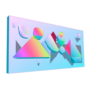 A large mural featuring bold geometric shapes, such as triangles, circles, and squares, arranged in a dynamic composition. Each shape is filled with a vibrant color palette of reds, blues, yellows, and greens, creating a striking contrast against the background. The mural covers the entire wall, showcasing a seamless blend of different sizes and forms that draw the viewer's attention. Shadows cast by the shapes enhance the three-dimensional effect, making the mural appear to pop off the surface.