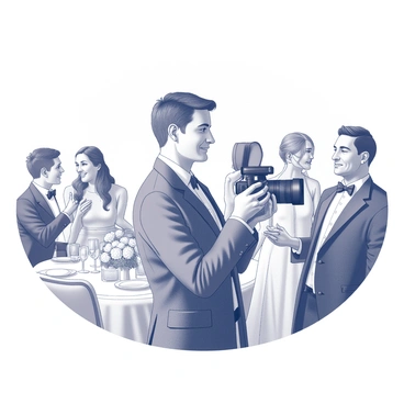 A photographer is positioned at a wedding event, holding a large camera. The photographer is focused, poised to capture a candid moment among the guests. In the background, wedding guests are engaging in conversations and laughter, dressed in formal attire. The scene includes decorations such as floral arrangements and elegant table settings. The photographer wears a professional outfit, demonstrating concentration as they prepare to take a shot. The overall atmosphere is lively and joyful, reflecting the essence of the celebration.