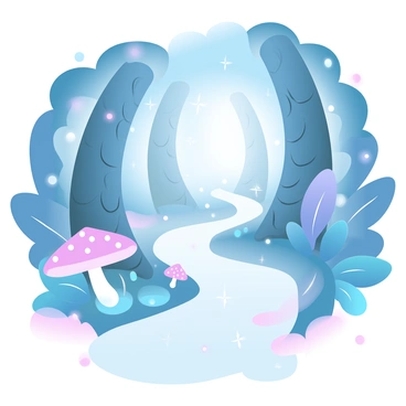 A winding trail of shimmering fairy dust glimmers under soft light, creating a path that leads into a dense, mystical forest. The forest is composed of towering trees with intricate bark patterns and large, vibrant leaves. Along the edges of the trail, clusters of glowing mushrooms are scattered, adding bursts of color to the scene. In the background, ethereal wisps of mist swirl around the trunks of the trees, enhancing the magical ambiance of the setting.