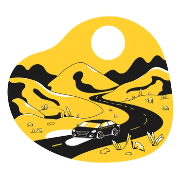 A black car is driving along a winding road beneath a bright full moon. The headlights of the car cast beams of light on the asphalt, illuminating the path ahead. The landscape is barren and deserted, featuring rolling hills and sparse vegetation. Shadows stretch across the ground, creating a sense of mystery. The moonlight reflects off the car's surface, highlighting its sleek design. In the distance, the outline of dark mountains can be seen against the night sky, enhancing the feeling of isolation.