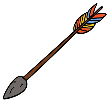 A single arrow placed diagonally across the image. The shaft of the arrow is made of smooth wood, showcasing its natural grain. The fletching at the back is decorated with colorful feathers, displaying intricate patterns in vibrant hues of red, blue, and yellow. At the front, the arrowhead is crafted from a rough, dark-colored stone, giving it a rugged appearance. The overall composition highlights the details of the materials and craftsmanship of the arrow.