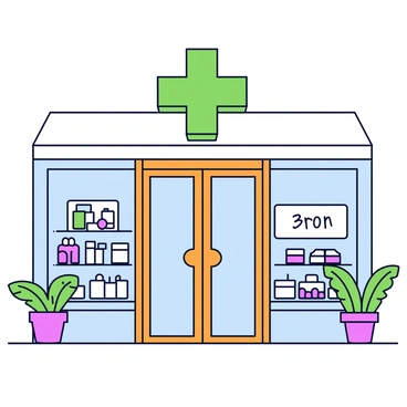 A pharmacy storefront with a large glass window displaying various health products. The entrance features a double door framed in a warm wooden color. Above the door is a large green cross that is illuminated. The storefront is adorned with potted plants on either side of the entrance, adding a touch of greenery. A sign on the window displays the hours of operation in bold letters.