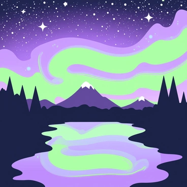 A night sky filled with stars and illuminated by "an emerald green aurora borealis" sweeping across the horizon. The aurora forms dynamic waves and patterns, creating a sense of movement. In the foreground, there is a silhouette of a mountain range, accentuated against the vibrant lights above. Below, a tranquil lake reflects the green hues of the aurora, creating a mirrored effect that enhances the overall beauty of the scene. The landscape is serene, with dark trees lining the edge of the lake, framing the view of the spectacular sky.