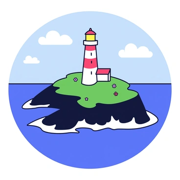 A lighthouse with a white and red striped pattern stands tall on a rocky cliff. Waves crash against the dark stones below, creating frothy white splashes. The scene captures a drone's view circling around the lighthouse, showcasing its bright light at the top. The sky above is clear with a few scattered clouds, and the ocean stretches out, reflecting shades of blue and green. Surrounding the cliff are patches of green grass and small wildflowers.