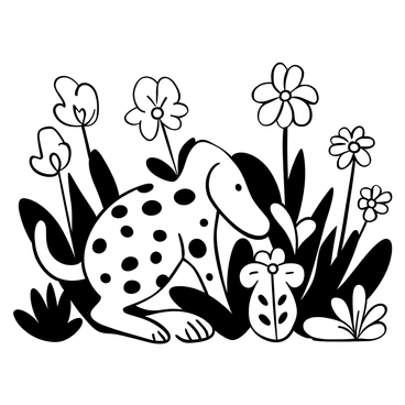 A dalmatian with distinctive black spots is crouching low among various flowers in a garden. The dog appears focused, with its nose close to a cluster of blooming flowers. There are several types of flowers surrounding it, with different shapes and sizes. The garden has an array of plants and greenery, creating a lively atmosphere. The scene is filled with intricate details of the flowers, showcasing their petals and leaves.
