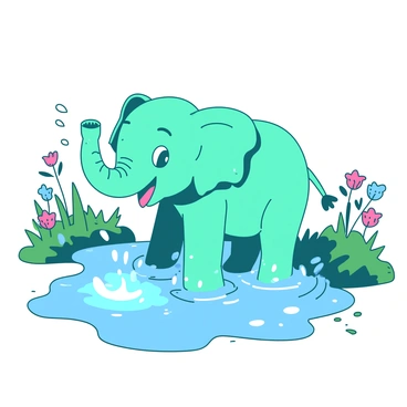 A teal miniature baby elephant is playfully splashing in a puddle on a sunny day. Water droplets sparkle as they shoot up around the elephant's small feet. The sun casts bright reflections on the surface of the puddle, creating a lively scene. Nearby, there are patches of green grass, and a few colorful flowers are blooming in the background. The baby elephant has a cheerful expression, with its trunk raised in delight as it enjoys the warm weather.
