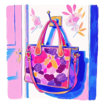 A stylish handbag designed with a "plum pattern" is hanging on a "stylish hook" that is mounted on a wall. The handbag features intricate details in its design, emphasizing the rich colors of purple and deep burgundy. The hook is metallic with a sleek finish, complementing the elegance of the handbag. In the background, there are subtle decorative elements that enhance the overall chic appearance of the scene. The lighting casts a gentle glow, highlighting the handbag's texture and pattern.