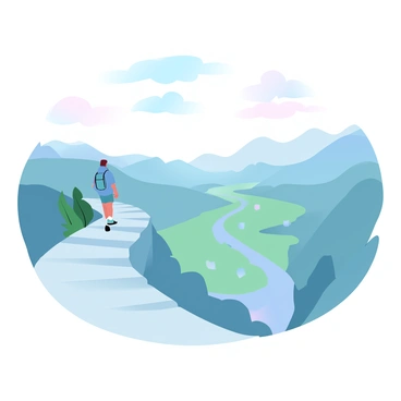 A person is walking along a narrow path leading to a breathtaking viewpoint that overlooks a vast valley below. The valley is dotted with lush greenery and winding rivers, showcasing a variety of plant life. The person is wearing a light jacket and carrying a small backpack, with an aura of anticipation as they approach the edge. The sky above is filled with soft, gradient pastel colors, creating a tranquil atmosphere. In the distance, gentle hills rise up, adding depth to the expansive landscape. A few scattered clouds float serenely in the sky, further enhancing the overall beauty of the scene.