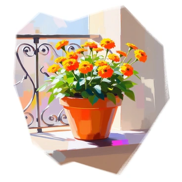 A terracotta pot is placed on a balcony, overflowing with vibrant blooming calendula plants. The calendula flowers showcase bright orange and yellow petals, standing out against the earthy tone of the pot. The balcony railing is visible in the background, adorned with decorative elements. Sunlight bathes the scene, highlighting the lush greenery of the leaves surrounding the flowers. The terracotta pot sits on a wooden surface, adding warmth to the overall composition.
