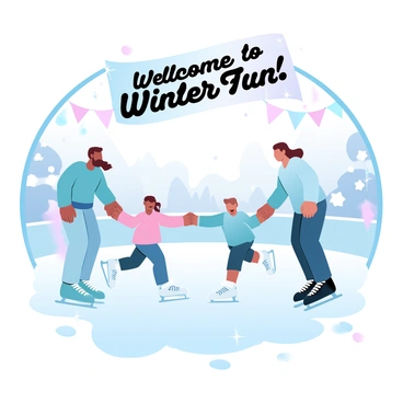 A family is ice skating together at a local ice rink. The family consists of two adults and two children, all wearing colorful winter clothing. The adults are holding hands with the children, who are laughing and trying to balance on their skates. Bright sunlight shines down on them, creating sparkling reflections on the ice surface. The background features a festive atmosphere with holiday decorations and other people enjoying ice skating. A large, colorful banner hangs above the rink that says "Welcome to Winter Fun!"