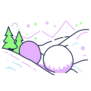 A snowball is positioned on a gently sloping snowy surface. The snowball is perfectly round and glistens under the sunlight, surrounded by a few scattered snowflakes. The slope has a smooth, white texture, with clear ridges indicating the angle of the incline. In the background, there are additional snow-covered hills that fade into the distance. Near the snowball, thin lines illustrate the concept of static friction, visually demonstrating how it prevents the snowball from rolling down the slope. A few small pine trees can be seen off to the side, adding depth to the scene.