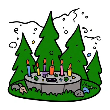 A stone altar covered in moss, surrounded by dense trees and vibrant green foliage. The altar is adorned with various offerings such as colorful crystals, herbs, and small trinkets. Several candles in different sizes are placed around the altar, casting a soft glow and creating flickering shadows. In the background, hints of mystical elements like wisps of mist can be seen floating through the trees, adding an air of enchantment to the scene.