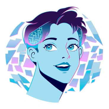 A person's profile picture transformed into a futuristic representation. The individual has medium skin and short, styled hair with vibrant highlights. Their eyes are large and expressive, displaying intricate digital patterns within the irises. The background features abstract shapes and dynamic lines, emphasizing movement and energy. The overall color palette consists of bold and vivid hues, such as electric blue, bright pink, and neon green, creating a striking contrast. The person's facial expression is confident and engaging, inviting the viewer to connect.