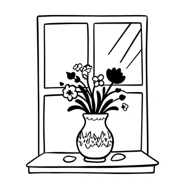 A vase filled with various wildflowers is positioned on a window sill. The vase has an intricate design, with delicate patterns etched into its surface. The wildflowers have distinct shapes and sizes, creating a lively arrangement. Sunlight streams through the window, casting shadows of the flowers onto the sill. A few petals have fallen around the base of the vase, adding to the scene's natural feel. The window frame is visible, with a hint of the outside world beyond it.