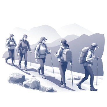 Women hiking on a scenic mountain trail with breathtaking views