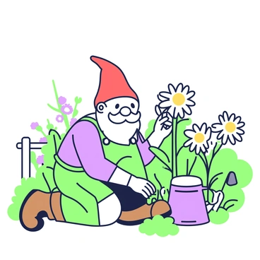A whimsical garden gnome is kneeling in a vibrant garden. The gnome has a red pointed hat and a white beard, wearing green overalls and brown boots. He is carefully tending to a cluster of "edelweiss flowers," which are characterized by their distinct star-like petals. The garden is filled with various plants and green foliage surrounding the gnome. In the background, a small wooden fence can be seen, along with a watering can resting on the ground next to him.