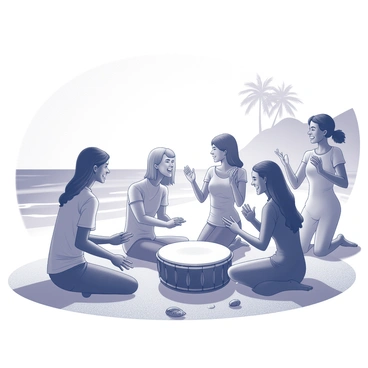 A group of friends gathered together on a sandy beach, engaged in playing a dholki, a traditional drum. One person is seated on the sand, holding the dholki closely, while others surround them, clapping their hands and enjoying the rhythm. Some friends are dancing joyfully, their hands raised, with carefree expressions on their faces. The setting sun casts long shadows and creates a warm atmosphere, with silhouettes of palm trees in the background. The ocean waves gently lap at the shore, with a few seashells scattered on the sand near their feet.