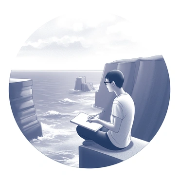 An illustrator is seated at the edge of a cliff, holding a sketchbook open on their lap. The scene includes steep cliffs that rise dramatically above the ocean below, with waves crashing against the rocks. The ocean stretches to the horizon, displaying a sense of depth and movement. The illustrator is focused intently on their drawing, with pencil in hand, illustrating the intricate details of the cliffs and the frothy whitecaps of the waves. The sky above is expansive, showcasing a blend of clouds and open space.