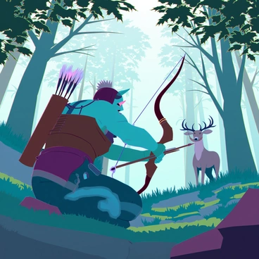 An orc with green skin and sharp tusks is stealthily tracking a deer in a dense forest. The orc is wearing brown leather armor that blends into the natural surroundings, equipped with a quiver strapped to its back. Its muscular frame is crouched low behind a cluster of bushes, keeping a watchful eye on the delicate deer in the distance. The orc holds a finely crafted bow, taut with an arrow ready to be released at a moment's notice. Sunlight filters through the canopy of leaves, casting dappled shadows on the forest floor.