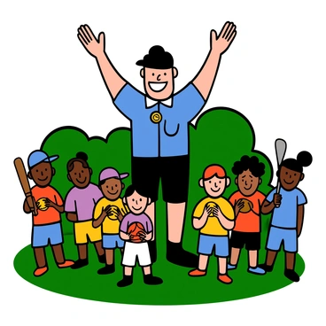 A cheerful youth league umpire with light skin and short dark hair stands in a park, wearing a blue shirt with a white collar and black shorts. He is smiling broadly and has a whistle around his neck. In front of him, a group of young players with different skin tones and hairstyles are gathered, looking attentive and motivated. The players are dressed in colorful uniforms and are holding baseball gloves and bats. The park is filled with green grass and a clear blue sky, creating an inviting atmosphere for the game. The umpire is raising one hand in encouragement, fostering a sense of positivity and teamwork.