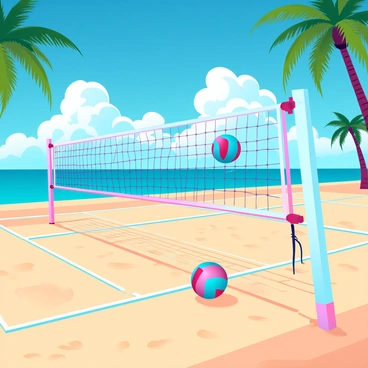 A volleyball court set up on a beach under a sky filled with fluffy clouds
