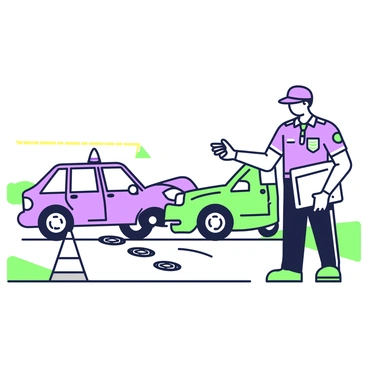 A police officer is standing on the roadside, sketching the scene of a car accident for a report. The officer is wearing a uniform with a badge and a cap. In their right hand, they hold a sketchpad, and with their left hand, they are drawing a diagram of the accident. Nearby, two damaged vehicles are positioned on the road, one with a crumpled front and the other with a dented side. In the background, a traffic cone and yellow tape mark the perimeter of the accident scene. A few tire tracks are visible on the pavement, leading up to the vehicles.