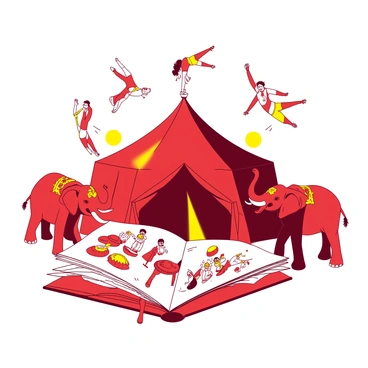 A red circus tent is set up in the center of the image, with bright yellow spotlights illuminating the area. Several acrobats in colorful costumes are performing aerial tricks above the ground, their bodies gracefully twisting in mid-air. On the ground, two large elephants with intricate decorations on their heads and backs are playfully lifting their trunks. Surrounding the elephants, there are open pages of a large book, depicting vibrant illustrations of more circus acts. The pages seem to come alive, with elements like juggling clowns and balancing acts emerging from them. The entire scene conveys the energy and excitement of a lively circus performance.