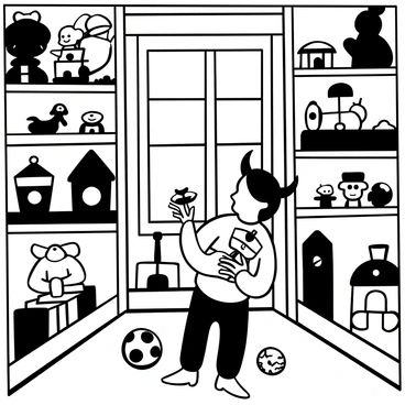 A small devil figure with pointed ears and a mischievous posture is positioned among an array of vintage toys in a charming Victorian toyshop. The shelves are filled with intricately designed wooden toys, including spinning tops, a miniature train set, and stuffed animals. The devil is holding a colorful toy soldier, examining it with interest, while a set of marbles rolls on the wooden floor nearby. A warm light shines through a large window, illuminating the scene and casting soft shadows around the room. There are plush dolls and intricately carved wooden cars displayed on the shelves, adding to the whimsical atmosphere of the toyshop.
