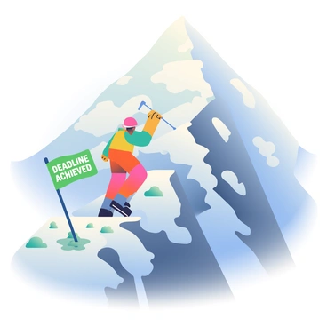 A majestic mountain peak towers in the background, its rocky surface covered with patches of snow. A climber in bright orange gear is making the final ascent, using an ice axe to grip the icy surface. At the summit, a green flag is planted firmly in the ground, displaying the words "Deadline Achieved" in bold, white letters. The sky above is a gradient of soft blues and whites, suggesting a clear day. Below the climber, the steep slopes of the mountain are dotted with small boulders and scattered patches of dark green vegetation. A sense of accomplishment radiates from the scene as the climber reaches for the flag.