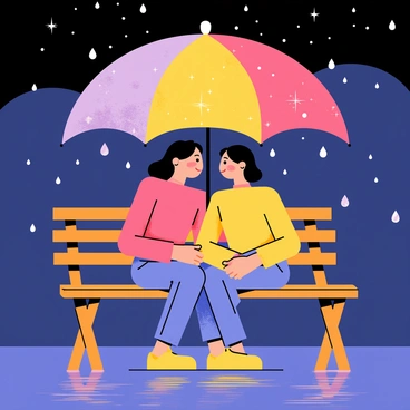 A couple sitting on a wooden bench, sheltered under a large, colorful umbrella. The umbrella is open, displaying vibrant patterns. Raindrops are falling gently around them, sparkling like tiny stars in the moonlight. The couple is close together, sharing a warm and intimate moment, with soft smiles on their faces. The night sky above them is filled with shimmering stars, creating a magical atmosphere. The ground is glistening with moisture from the rain, reflecting the moonlight and adding to the serene scene.