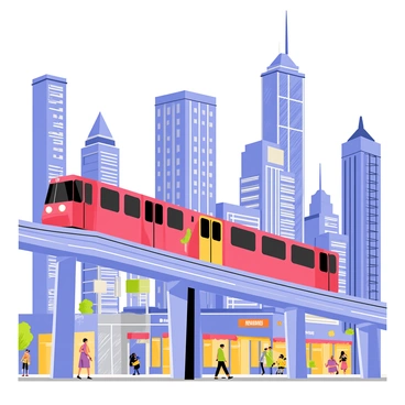 An elevated 'L' train with bright red cars is winding through a bustling urban landscape. The train moves along its tracks, which are positioned high above the ground. Surrounding the train are tall skyscrapers made of glass and steel, reflecting the sunlight. The buildings vary in style and height, creating a dynamic skyline. Below, busy streets are filled with pedestrians and colorful storefronts. A clear blue sky serves as the backdrop, enhancing the vibrant city scene.