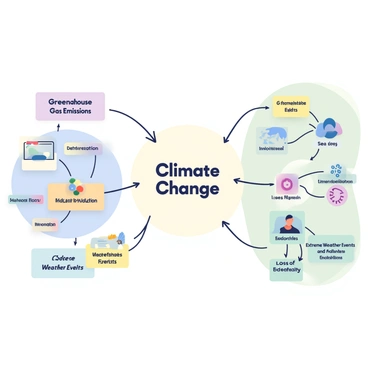 A concept map is displayed, illustrating the causes and effects of climate change. In the center, the title "Climate Change" is highlighted. Various interconnected elements branch out from the center. On the left, there are causes such as "Greenhouse Gas Emissions," depicted with arrows leading to elements like "Deforestation" and "Industrial Pollution." On the right, the effects are represented by elements like "Rising Sea Levels," "Extreme Weather Events," and "Loss of Biodiversity." Each element is enclosed in a colorful box, and lines connect related concepts, showing their interdependencies. The background is a soft gradient transitioning from light blue at the top to pale green at the bottom, enhancing the clarity of the connections.
