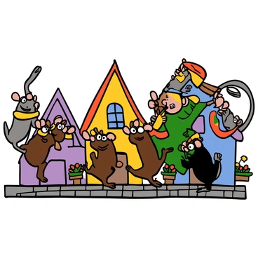 A group of playful cartoon rats with big eyes is dancing energetically in a line behind a cheerful Pied Piper. The rats have different fur colors, including gray, brown, and black, and they are wearing tiny hats and scarves in bright colors. The Pied Piper is wearing a vibrant tunic and a feathered cap, playing a wooden flute with a wide smile. The scene is set in a quaint village street with cobblestone pavement, and the background features colorful houses with flower boxes. The rats are joyfully leaping and twirling, creating a lively atmosphere filled with movement and fun.
