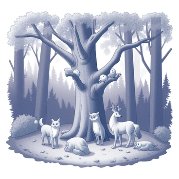 A dense forest filled with towering trees and thick underbrush. In the center stands a large, ancient tree with a gnarled trunk and sprawling branches. A gathering of various animals surrounds the tree, including a fox with a bushy tail, an owl perched on a low branch, and a deer with antlers. The animals display a sense of curiosity and awe as they look up at the tree. Some animals are sitting, while others are animatedly interacting with one another, creating a scene of lively conversation and camaraderie. The ground is covered with fallen leaves and soft moss, adding to the enchanted atmosphere of the forest.
