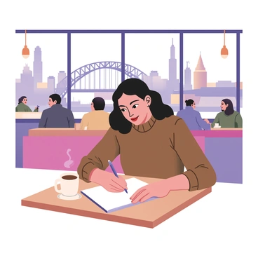 An illustrator is sitting at a wooden table inside a cozy café. The café has warm lighting and colorful decor. The illustrator has medium skin and curly black hair, wearing a brown sweater. They are focused on sketching on a white notepad with a pencil. There’s a steaming cup of coffee next to the notepad. In the background, large windows offer a view of the Glasgow city skyline, showcasing recognizable buildings such as the Clyde Arc bridge and the Glasgow Tower. The scene conveys a comfortable atmosphere, with other patrons in the background chatting and enjoying their beverages.